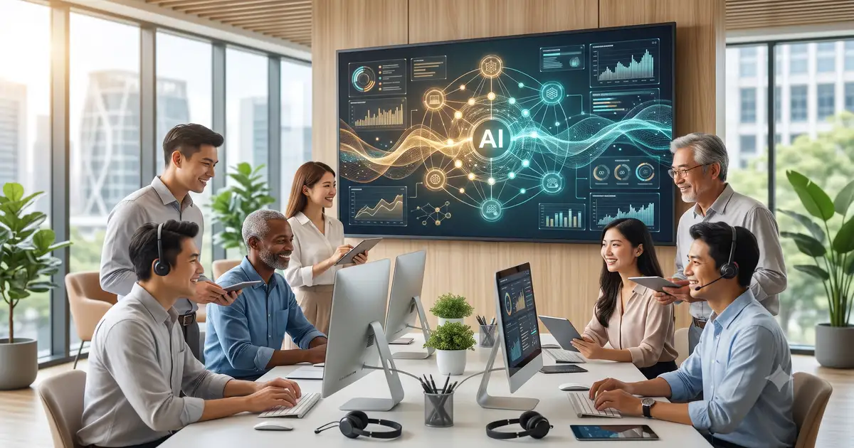 一個由 AI 機器人與人類客服人員共同組成的協作團隊，他們在一個現代化的辦公空間中，流暢地處理客戶問題，背景是數據圖表和滿意的客戶頭像，象徵著 AI 帶來的七大效益。