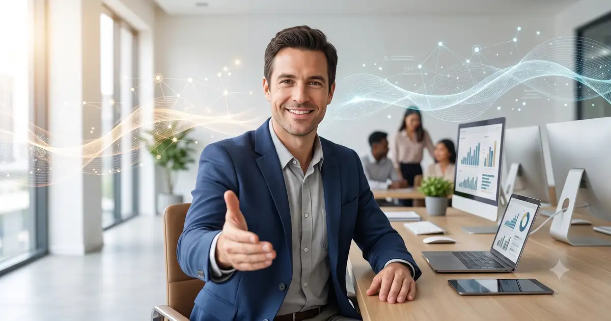 一位專業的 HOST888 產業解決方案顧問，微笑著伸出手，邀請企業客戶點擊諮詢，背景是現代化的辦公室與代表數據流動的抽象圖形，強調合作與未來。