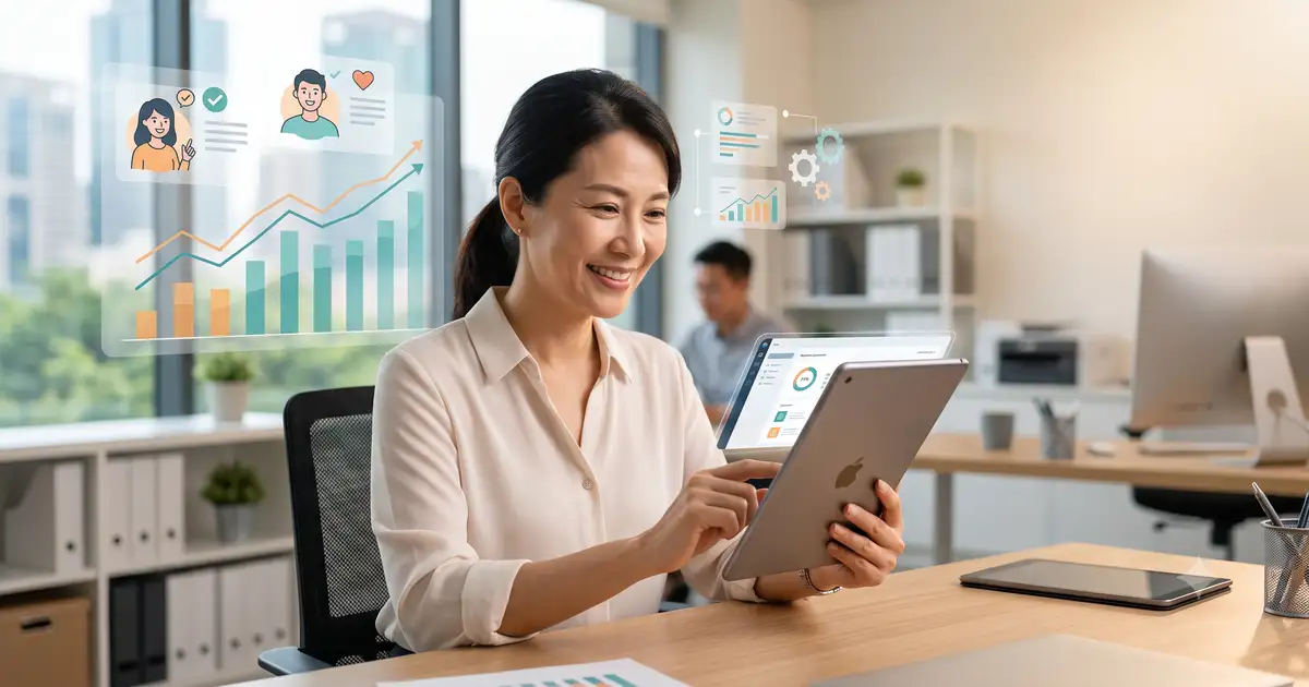 一位自信的中小企業主透過平板電腦管理業務，背景是成長的趨勢圖與滿意的客戶