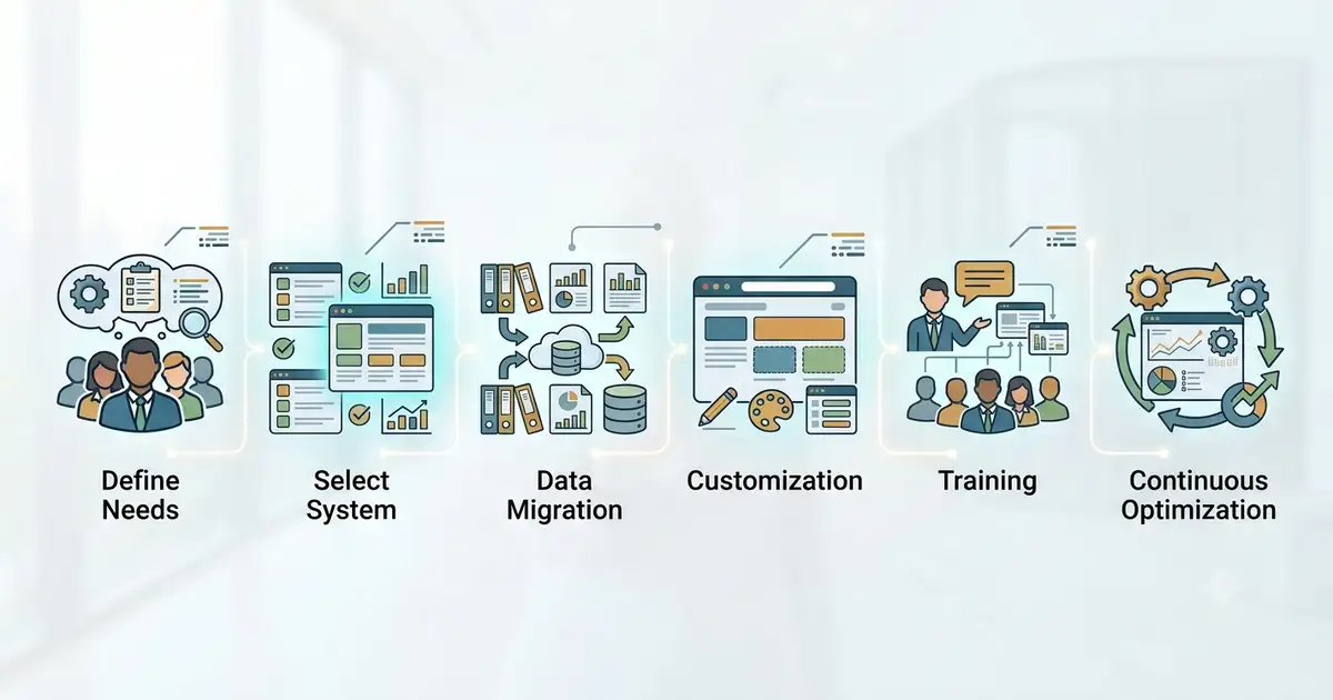 流程圖表展示 CRM 系統建立的六個步驟，從需求評估到持續優化