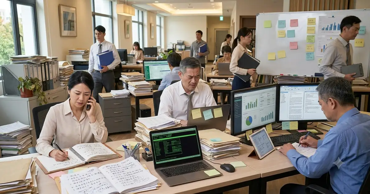 辦公室內，業務團隊成員各自使用不同工具記錄客戶資訊，導致資料不一致與溝通斷層