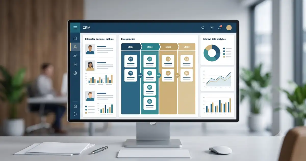 現代化的 CRM 系統介面，清晰展示客戶資料、銷售漏斗與數據分析儀表板