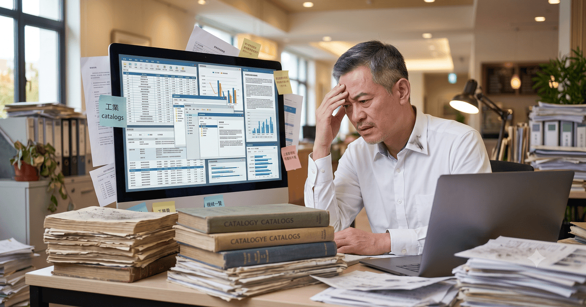 一位企業員工面對堆積如山的紙本文件和複雜的電腦螢幕，表情困惑，展現資訊更新不及時與效率低下的痛點。